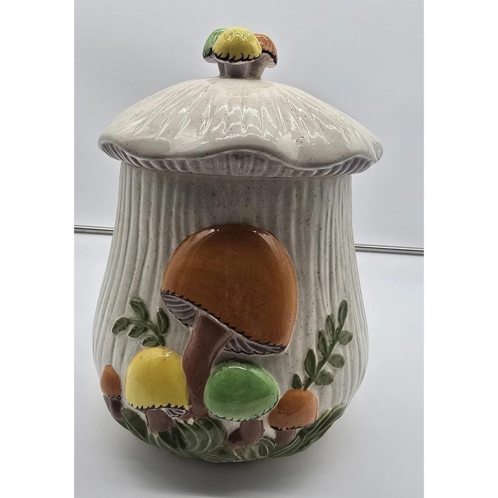 Vintage 1978 Merry Mushroom‎ 12"  Canister Lid Handmade Orange Green Yellow